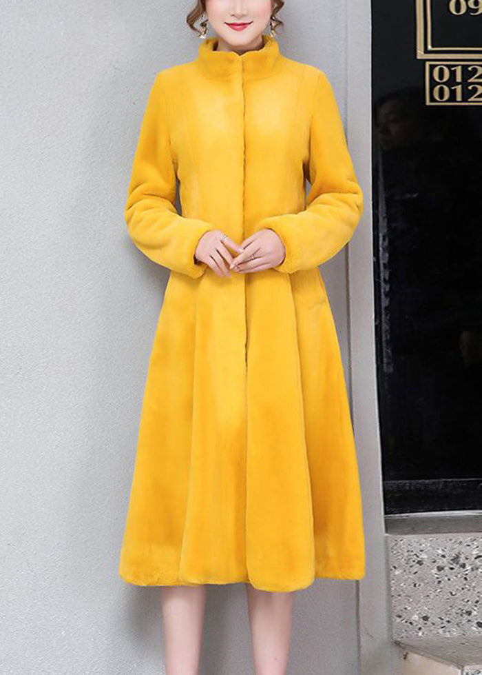 Yellow Stand Collar Silm Fit Faux Fur Trench Winter