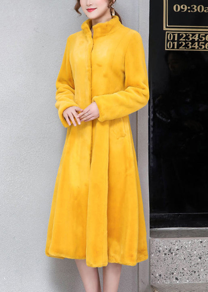 Yellow Stand Collar Silm Fit Faux Fur Trench Winter