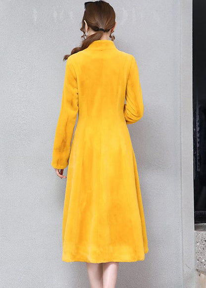 Yellow Stand Collar Silm Fit Faux Fur Trench Winter