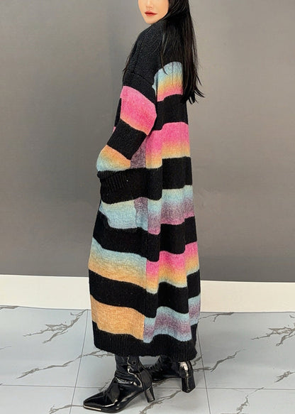 Yellow Striped Pockets Knit Long Cardigan Spring