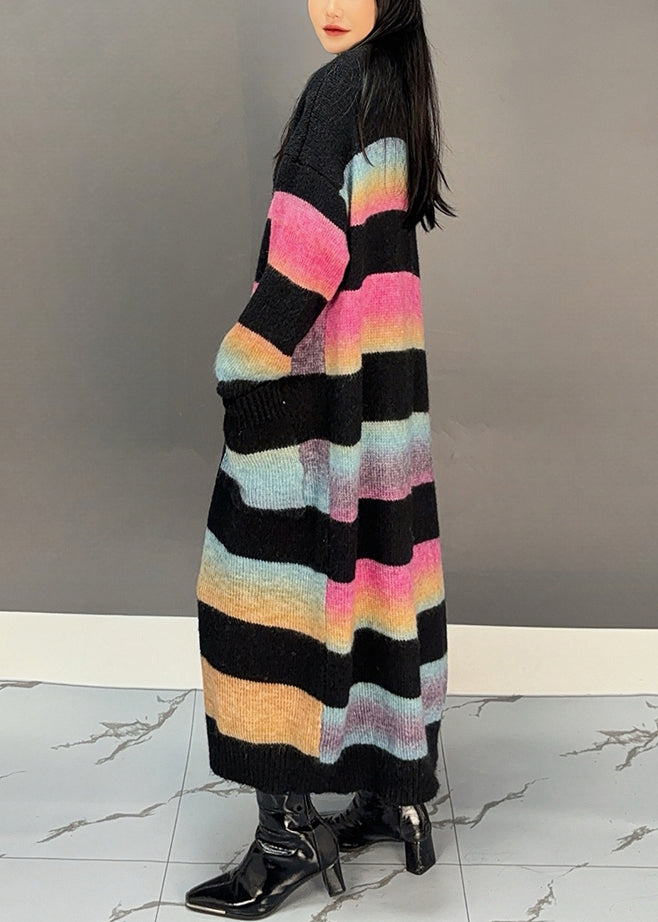 Yellow Striped Pockets Knit Long Cardigan Spring