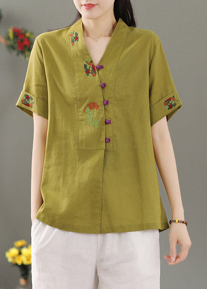 Yellow V Neck Embroideried Button Shirt Short Sleeve