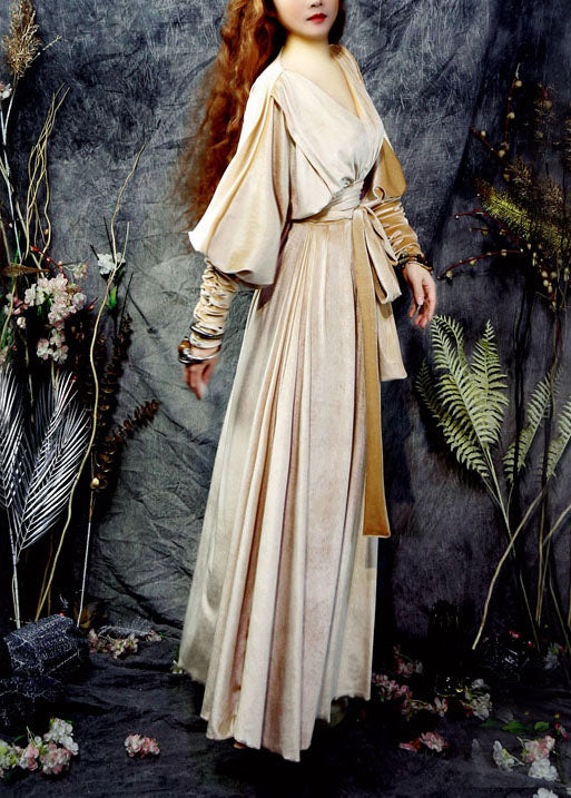 Yellow V Neck Exra Large Hem Silk Velour Cinch Long Dresses Long Sleeve