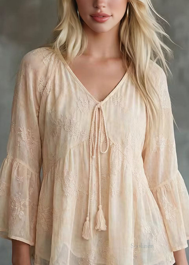 Yellow V Neck Patchwork Chiffon Top Bracelet Sleeve