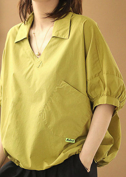 Yellow V Neck Patchwork Cotton Loose Shirt Tops Short Sleeve