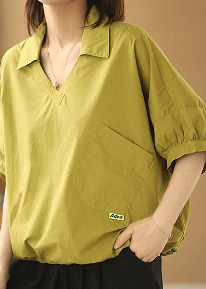 Yellow V Neck Patchwork Cotton Loose Shirt Tops Short Sleeve