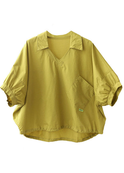 Yellow V Neck Patchwork Cotton Loose Shirt Tops Short Sleeve