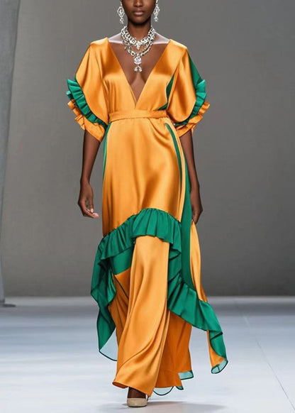 Yellow V Neck Patchwork Ruffles Silk Party Dress Summer