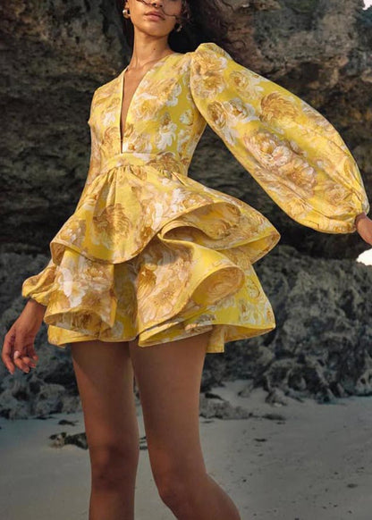 Yellow V Neck Print Mini Dress Lantern Sleeve