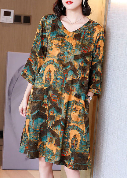 Yellow V Neck Print Patchwork Cotton Dresses Summer