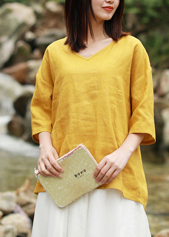 Yellow V Neck Low High Design Linen Tops Short Sleeve