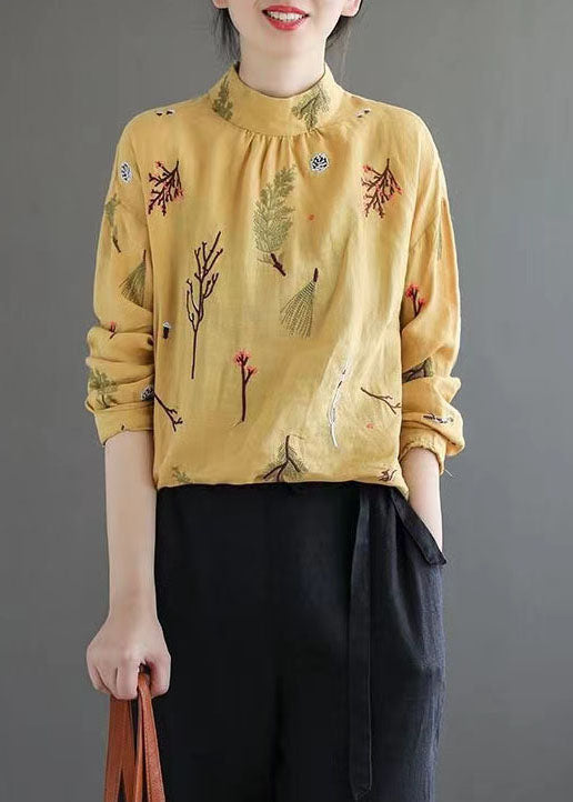 Yellow Wrinkled Embroideried Patchwork Linen Shirt Tops Spring