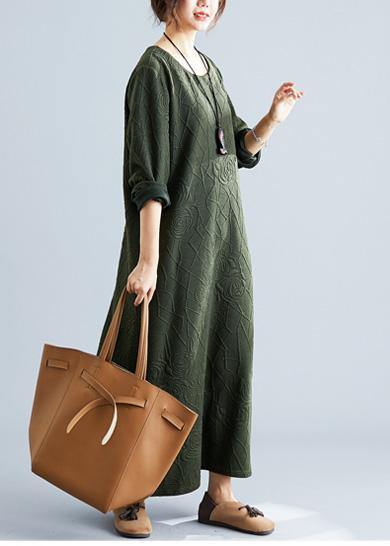 Army Green Cotton Dress O Neck Jacquard Robe Fall Dresses