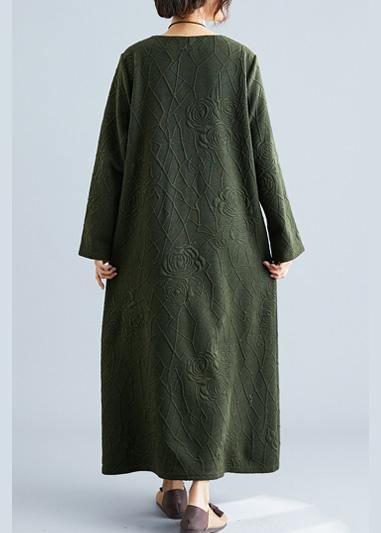 Army Green Cotton Dress O Neck Jacquard Robe Fall Dresses