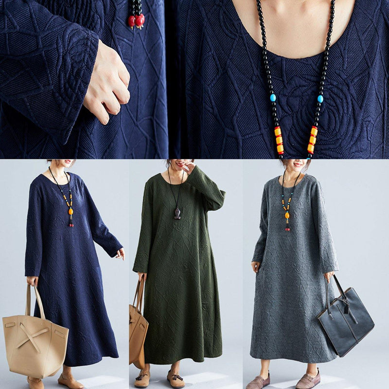 Army Green Cotton Dress O Neck Jacquard Robe Fall Dresses