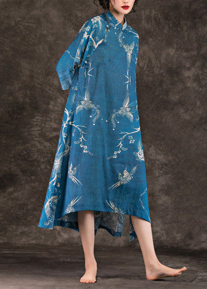 Asymmetric Half Sleeve Linen Dress Work Outfits Blue Print Loose Dress Summer