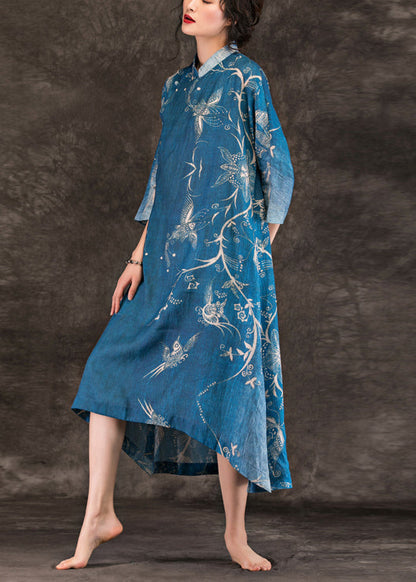 Asymmetric Half Sleeve Linen Dress Work Outfits Blue Print Loose Dress Summer