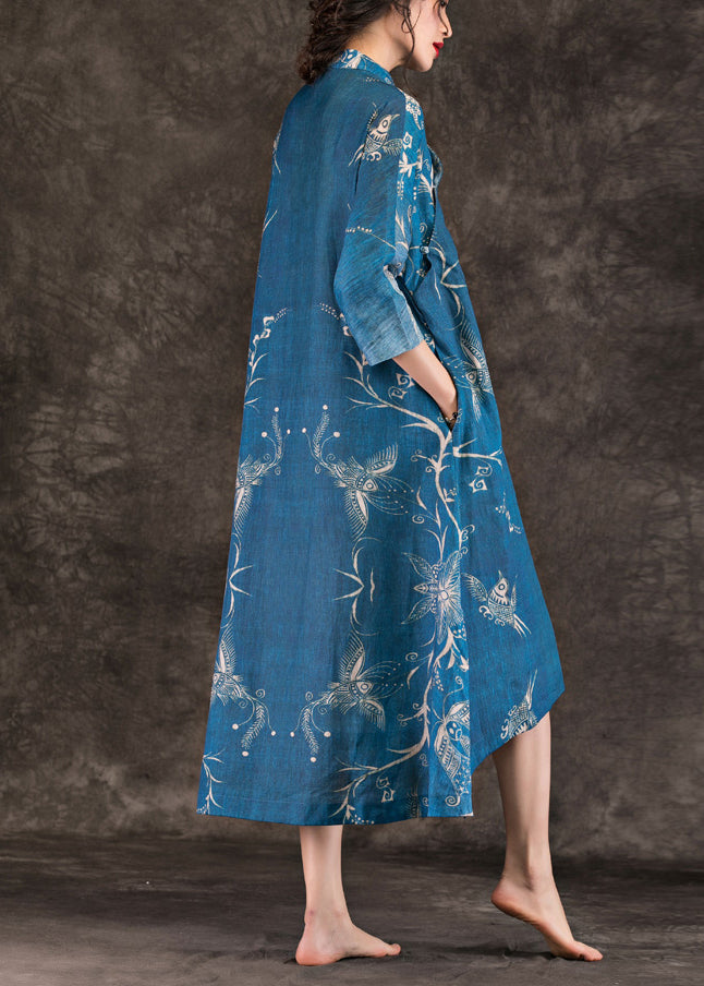 Asymmetric Half Sleeve Linen Dress Work Outfits Blue Print Loose Dress Summer