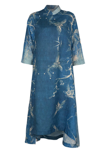 Asymmetric Half Sleeve Linen Dress Work Outfits Blue Print Loose Dress Summer