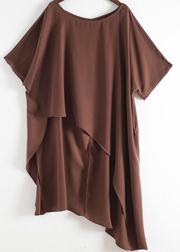 Asymmetric Hem Chiffon Box Top Work Brown Tunic Blouse Summer