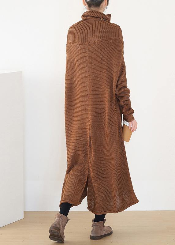 Back Open Sweater High Neck Dress Outfit Drak Brown Daily Knit Dresses