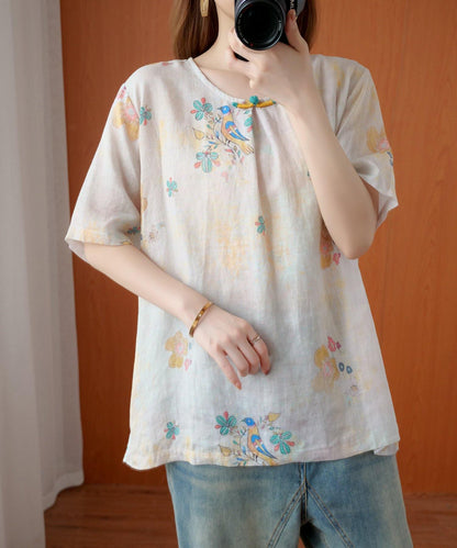 Beige Gray Print Blouses O Neck Silhouette Top