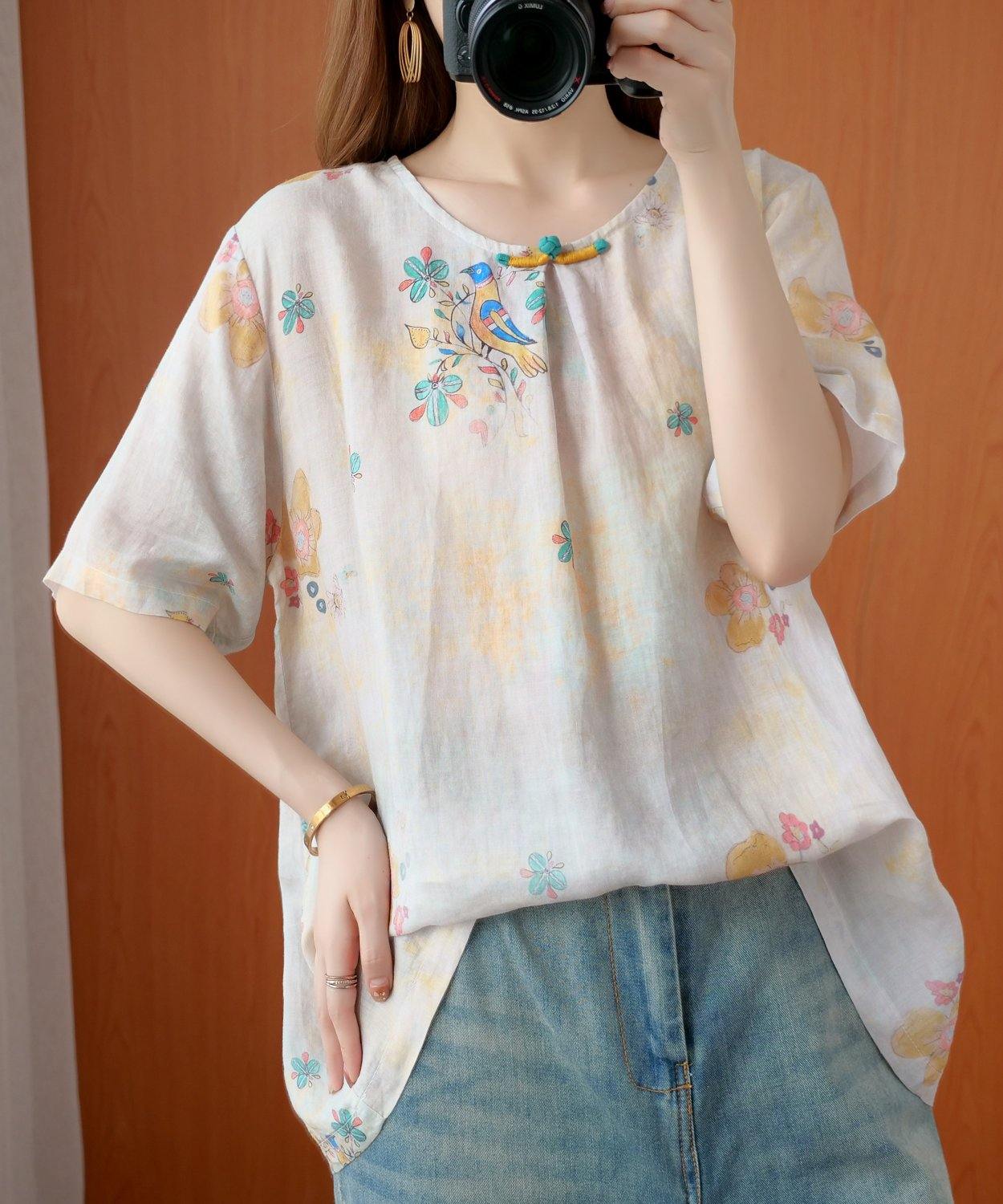 Beige Gray Print Blouses O Neck Silhouette Top
