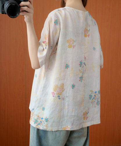Beige Gray Print Blouses O Neck Silhouette Top