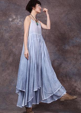 Big Hem Linen Clothes Tunic Tops Blue Sleeveless Dress Summer