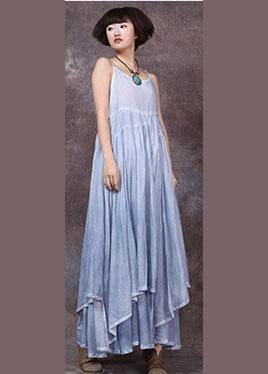 Big Hem Linen Clothes Tunic Tops Blue Sleeveless Dress Summer