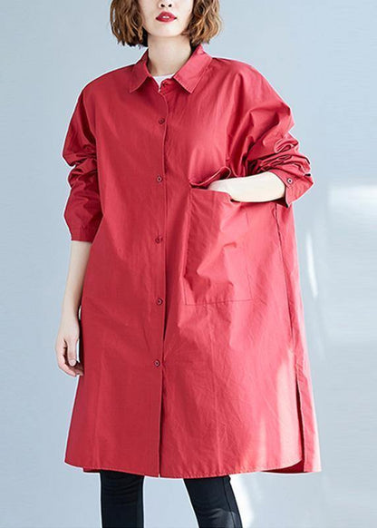 Big Pockets Cotton Red Long Sleeve Shirt Dresses Fall
