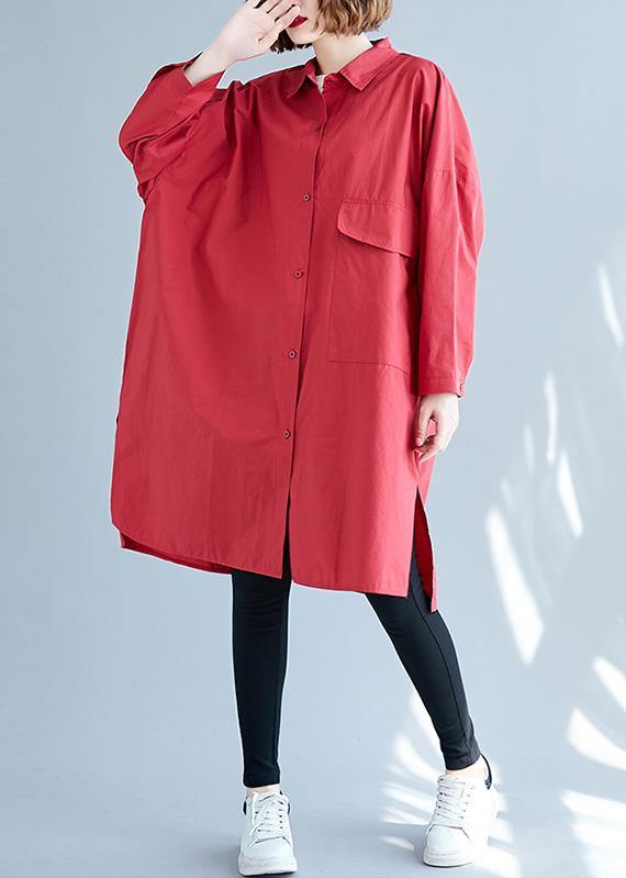 Big Pockets Cotton Red Long Sleeve Shirt Dresses Fall