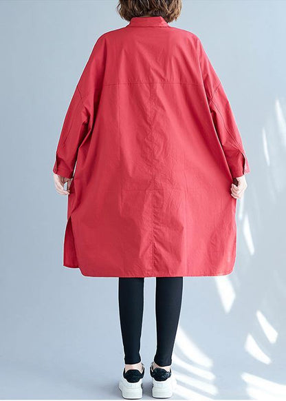 Big Pockets Cotton Red Long Sleeve Shirt Dresses Fall