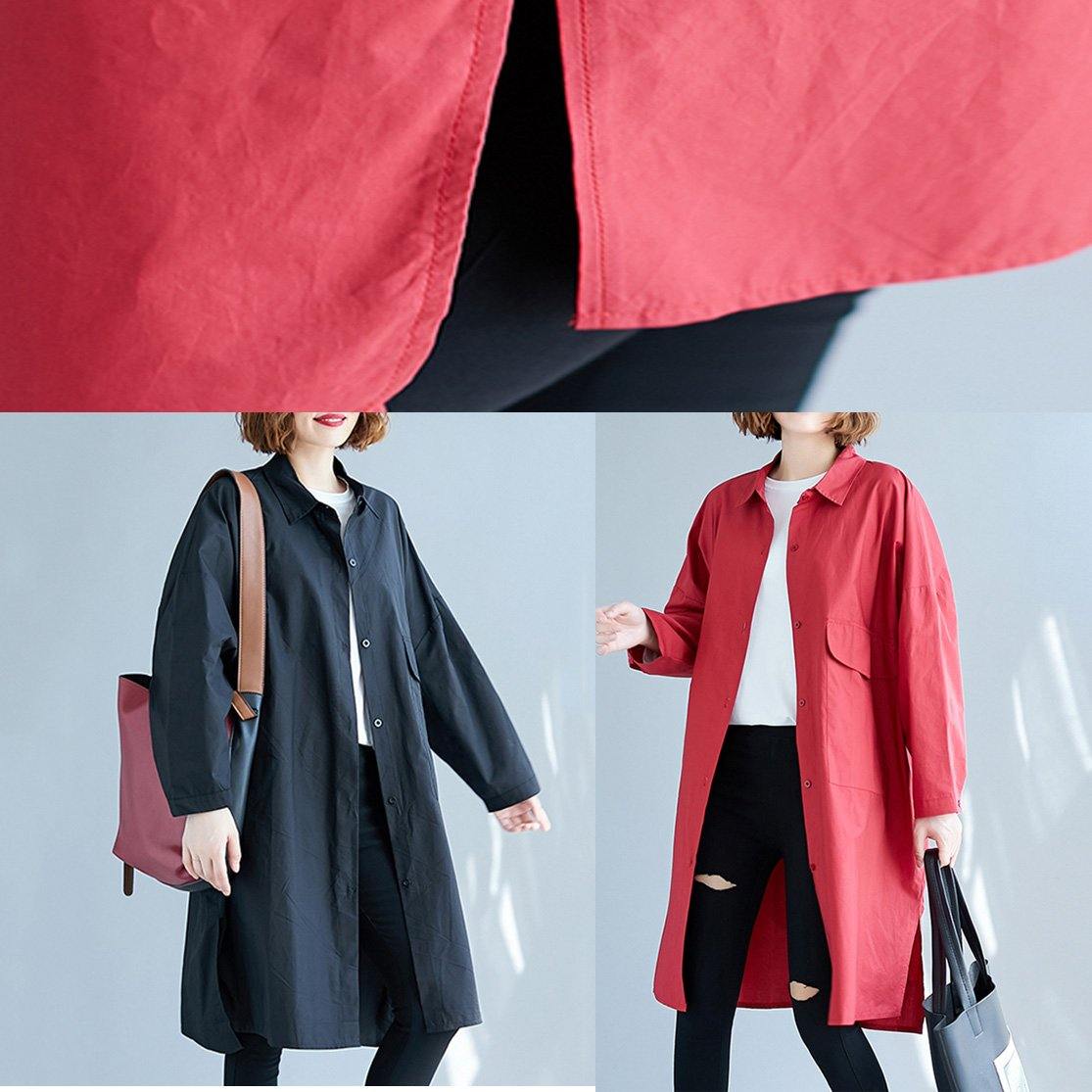Big Pockets Cotton Red Long Sleeve Shirt Dresses Fall