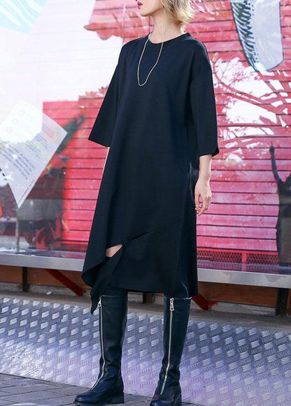 Black Cotton Tunics Open Hem Design Loose Fall Dress