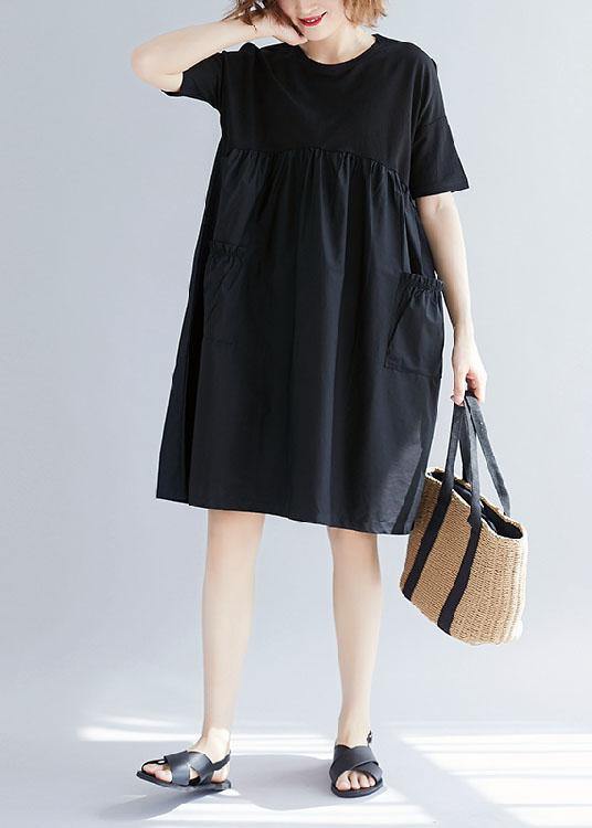 White Text Cotton Blended O Neck Pockets Loose Summer Dresses