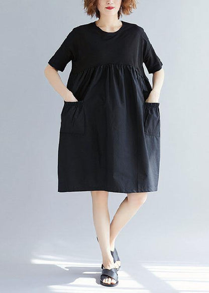 White Text Cotton Blended O Neck Pockets Loose Summer Dresses