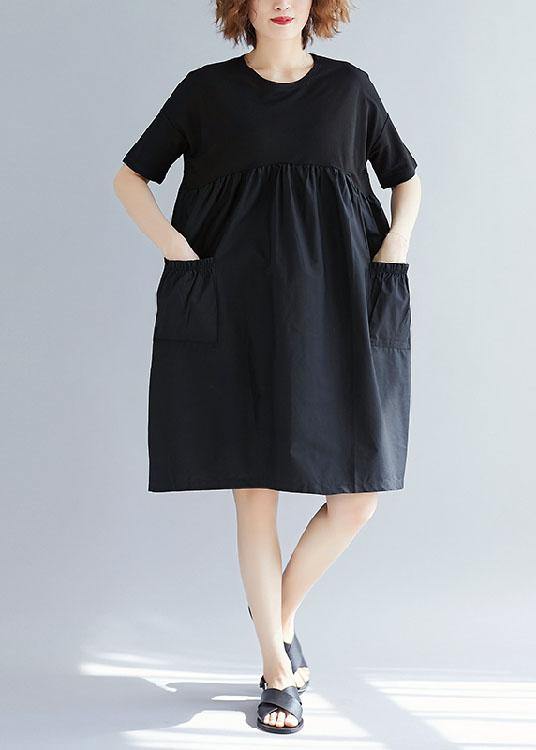 White Text Cotton Blended O Neck Pockets Loose Summer Dresses