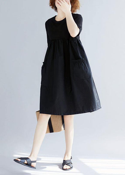 Yellow Polka Dots Cotton Blended O Neck Pockets Loose Summer Dresses