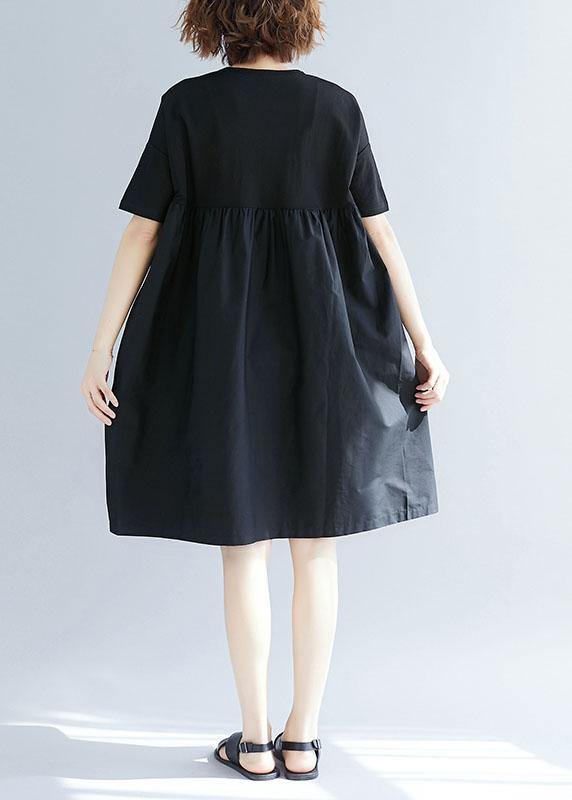 Black Cotton Blended O Neck Pockets Loose Summer Dresses