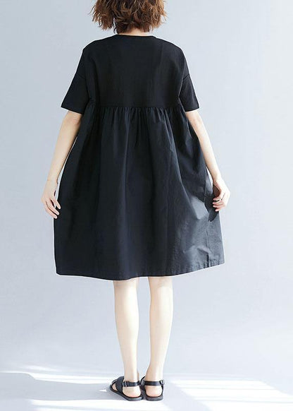 White Text Cotton Blended O Neck Pockets Loose Summer Dresses