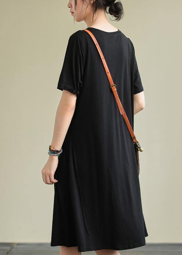 Black Cotton Clothes O Neck Cinched Oversized Summer Dresses