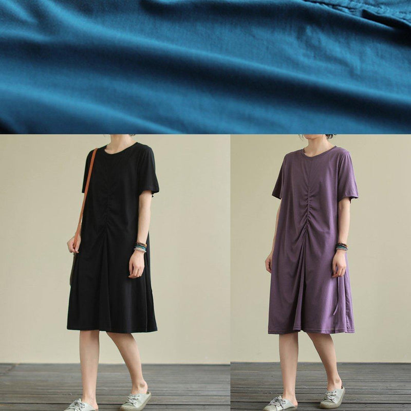 Black Cotton Clothes O Neck Cinched Oversized Summer Dresses