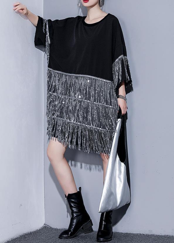 Black Cotton Dress O Neck Tassel Summer Dresses
