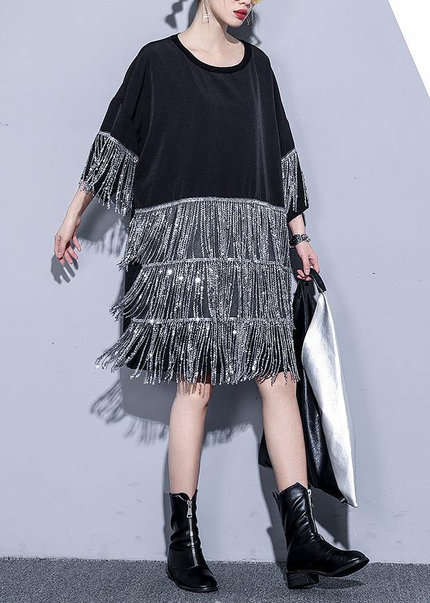 Black Cotton Dress O Neck Tassel Summer Dresses