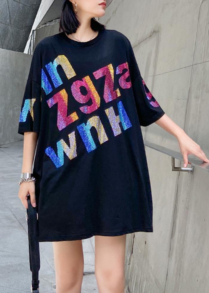 Black Letter Cotton Tunic Top O Neck Oversized Blouse