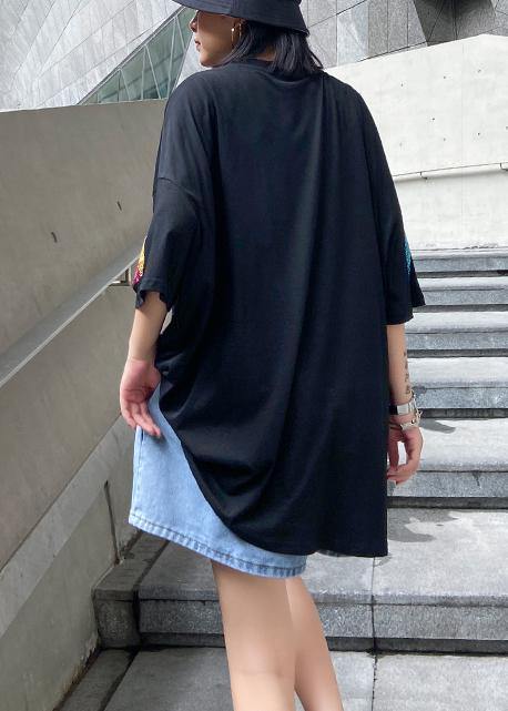 Black Letter Cotton Tunic Top O Neck Oversized Blouse