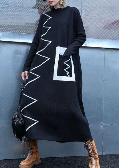 Black Sweater Dresses Diy Patchwork Color Ugly Fall Knitwear
