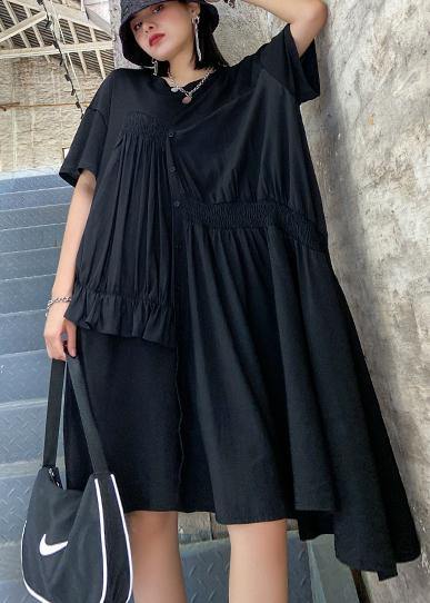 Black Tunics O Neck Cinched Maxi Asymmetric Dress
