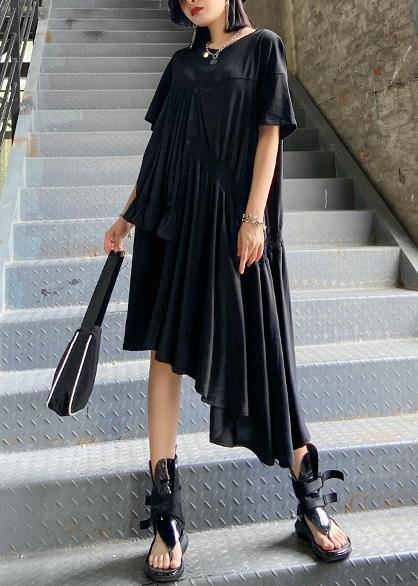 Black Tunics O Neck Cinched Maxi Asymmetric Dress